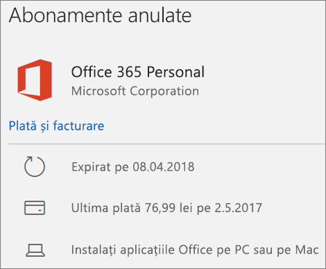 Afișează un abonament Office 365 care a expirat