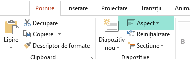 Butonul Aspect de pe fila Pornire din PowerPoint are toate aspectele de diapozitiv disponibile.