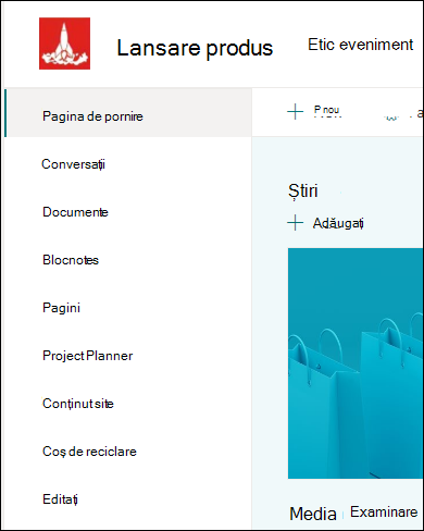 Meniul din stânga al site-ului de echipă SharePoint