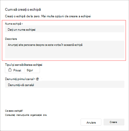 Captură de ecran a ferestrei Creați o echipă. Aceasta include o zonă pentru a adăuga un nume de echipă, o descriere și un tip. De asemenea, puteți crea numele primului canal.