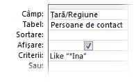 Imagine cu proiectantul de interogări afișând criteriile care utilizează următorii operatori, "ca metacaracter în"