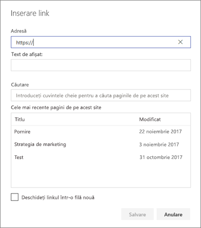 Caseta de dialog Inserare link