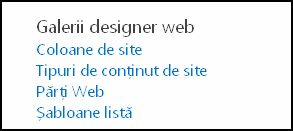 Opțiunile Galerii designer web din pagina Setări site din SharePoint Online