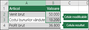 Scenario - Configurarea unui scenariu cu celulele Modificare și Rezultat