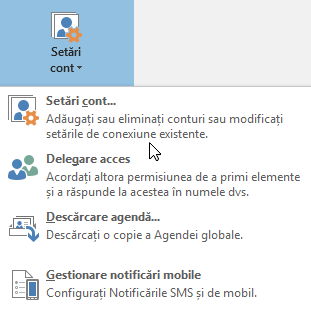 Opțiunile disponibile atunci când alegeți setările de cont în Outlook