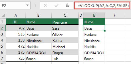 Utilizați VLOOKUP tradițional cu o singură referință lookup_value: =VLOOKUP(A2,A:C,32,FALSE). Această formulă nu va returna o matrice dinamică, dar poate fi utilizată cu tabele Excel.