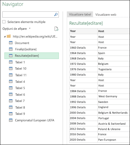 Power Query > Din web > Navigator - Vizualizare tabel