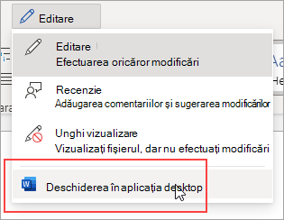 Imagine a comenzii Deschidere în aplicația desktop