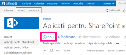 Linkul aplicație nouă în biblioteca Aplicații pentru SharePoint din Catalogul de aplicații