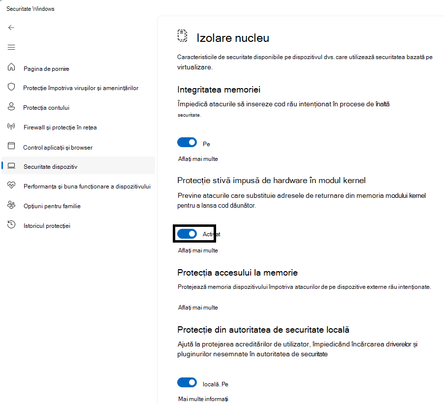 Indică locația interfeței de utilizator Stack Protection impusă de hardware pentru modul kernel în pagina Izolare nucleu a aplicației Securitate Windows.