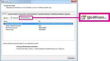 Comanda Modificare în caseta de dialog Setări cont