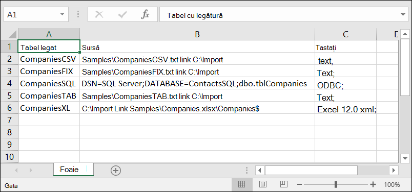 Registru de lucru Excel care afișează informațiile tabelului legat din Access