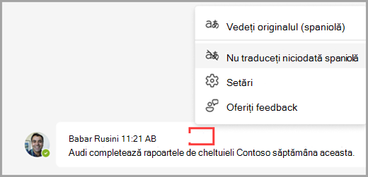 Selectați opțiunile de traducere într-un mesaj tradus pentru a afișa mai multe opțiuni.