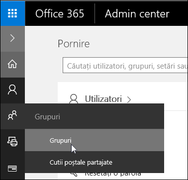 Selectați grupuri în panoul de navigare din stânga pentru a accesa grupurile din entitatea găzduită Office 365