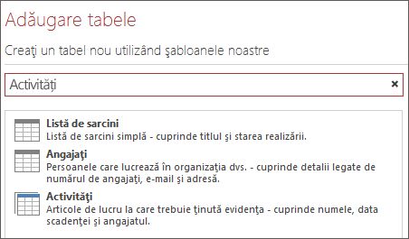 Caseta de căutare a șablonului de tabel din ecranul de bun venit Access.