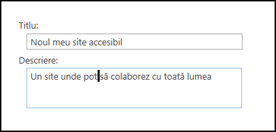 Caseta de dialog cu titlul noului site SharePoint Online