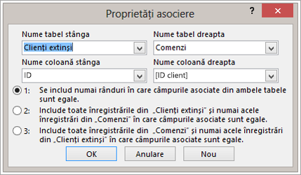 Captură de ecran cu Proprietăți asociere evidențiind numele tabelului din stânga