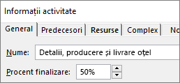 Captură de ecran a casetei de dialog Detalii activitate a unei activități, care afișează procentul de finalizare