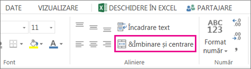 butonul Îmbinare și centrare de pe panglică