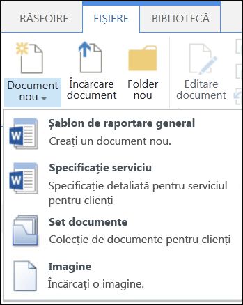 Meniul Document nou cu tipuri de conținut particularizate în SharePoint