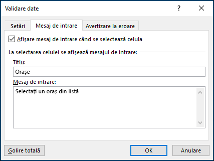 Opțiunea Introduceți un mesaj pentru validarea datelor