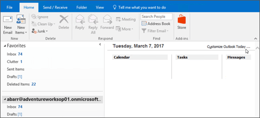 Outlook Vizualizarea astăzi este necompletată 