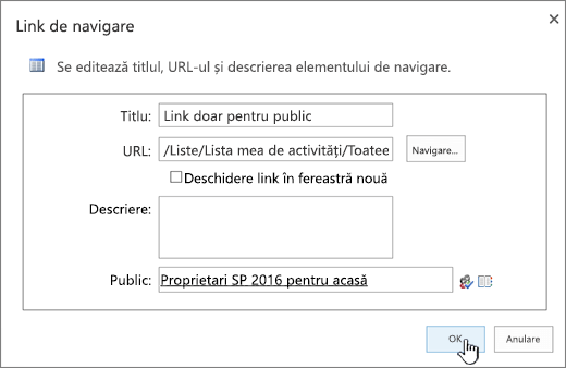 Proprietăți link de navigare cu OK evidențiat.