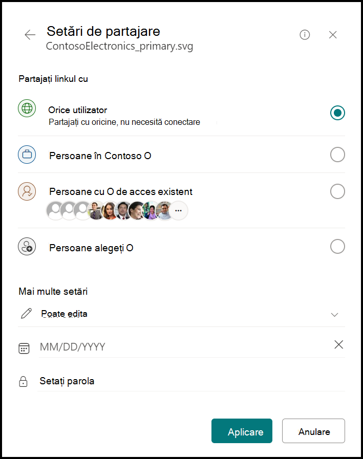 Captura de ecran a ferestrei de gestionare a accesului la link, care arată dacă să partajați linkul cu: oricine, persoanele din organizația dvs., persoanele cu acces existent sau persoanele pe care le alegeți. De asemenea, afișând mai multe setări, inclusiv o listă verticală de: poate edita, poate vizualiza, data expirării și seta parola.