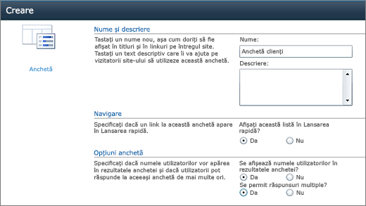 Pagina Opțiuni anchetă SharePoint 2010