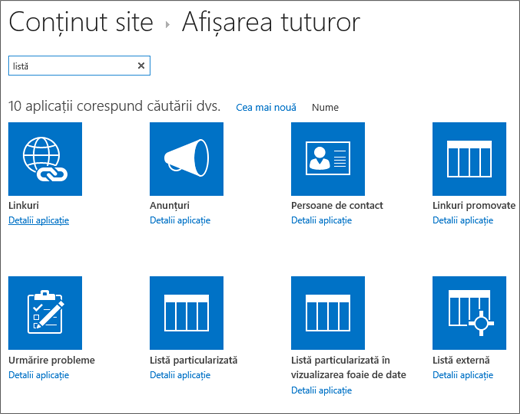 Listarea aplicațiilor în pagina Conținut site