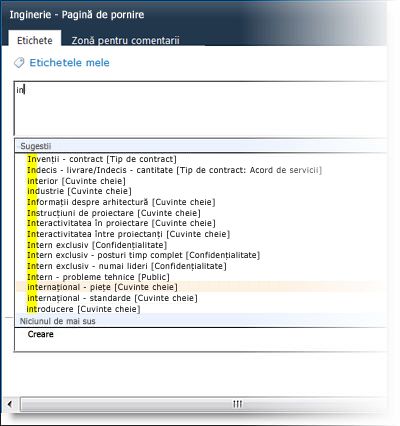 Sugestii de tastare din caseta de dialog Etichetă socială