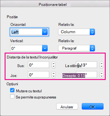 Setați spațiul dintre tabelul selectat și corpul de text de sub Distanță de la textul înconjurător.