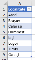 Tabel Excel utilizat ca sursă a unei liste de validare date