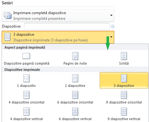 Aspect pentru diapozitive de imprimare