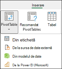 Inserați lista verticală PivotTable afișând opțiunea „din Power BI”.