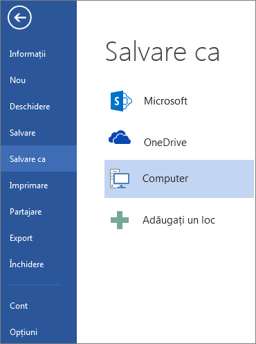Fereastra Salvare ca, afișând lista de locuri în care puteți salva un document