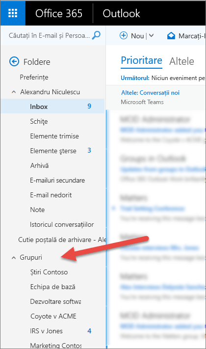 Veți găsi grupurile dvs. în panoul de navigare din stânga, în Outlook sau Outlook pe web