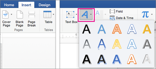 Fila Inserare cu opțiunea WordArt evidențiată.