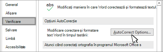 Butonul opțiuni autocorecție din caseta de dialog Verificare