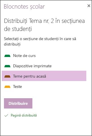 Exemplu de atribuire distribuită în OneNote pentru web