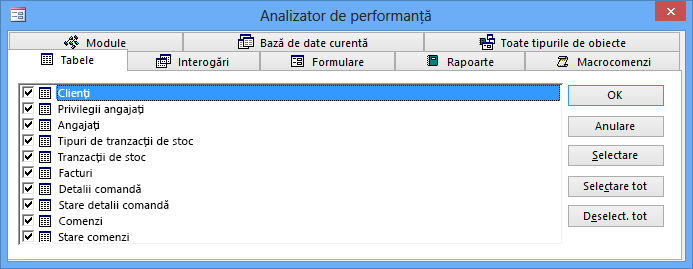 Caseta de dialog Analizor de performanță din Access