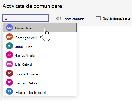 Captură de ecran afișând lista de elevi/studenți care apare după căutarea literei G în caseta Căutare elevi/studenți. listele verticale suplimentare afișate în partea stângă includ canalele și intervalul de timp