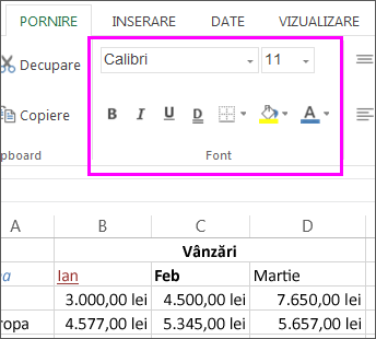 Butoanele de setare a fontului de pe Panglică