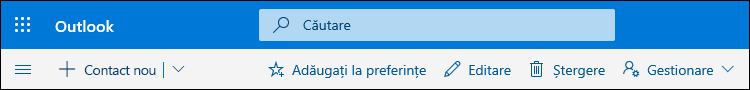 O captură de ecran ce afișează opțiunile disponibile pe bara de comenzi Persoane, inclusiv comenzile Persoană de contact nouă, Editare, Ștergere, Adăugare la preferințe și Gestionare.