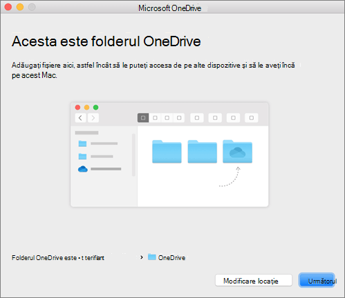Captură de ecran cu pagina Acesta este folderul dvs. OneDrive din expertul Bun venit la OneDrive, pe un Mac