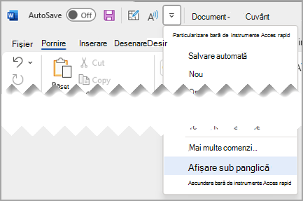 Meniul vertical Bară de instrumente Acces rapid Se afișează deasupra barei de instrumente