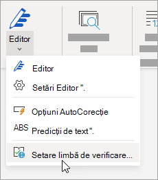 Pe fila Revizuire, faceți clic pe Editor > Setare limbă de verificare