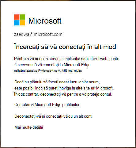 mesaj afișat atunci când este necesară conectarea la browserul Microsoft Edge