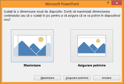 Mesaj de scalare a dimensiunii diapozitivului