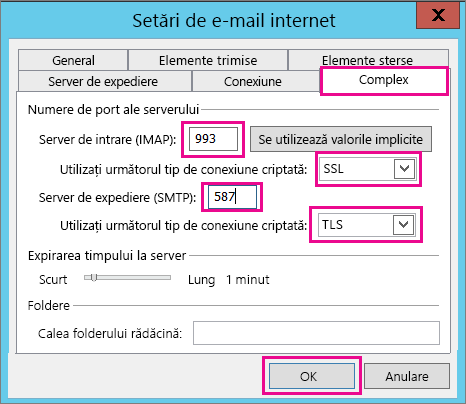 Introduceți setările complexe de e-mail.